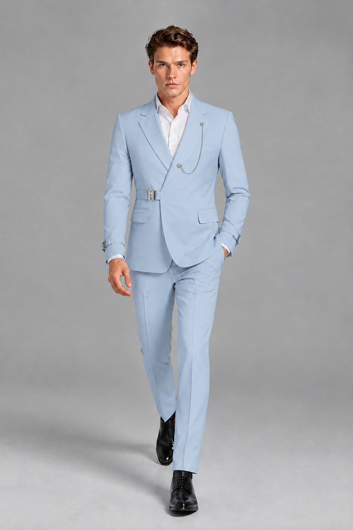 Savile Men's Powder Blue Buckle-Closure 2-Piece Suit Set | Peak Lapel Blazer & Trousers - Powder Blue