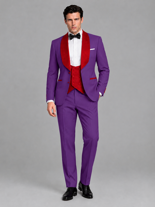 Savile Men's Purple 3-Piece Tuxedo Suit Set – Contrast Red Shawl Lapel Blazer, Red Waistcoat & Trousers - SUC020 - Purple