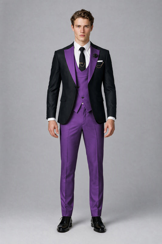Savile Men's Black & Purple Three-Piece Wedding Suit - Purple