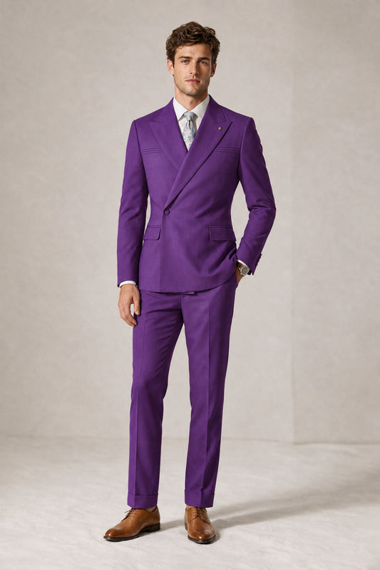 Savile Men's Purple Double-Breasted Slim Fit 2-Piece Suit Set – Peak Lapel Blazer & Cuffed Trousers | Wedding Prom Formal - Purple