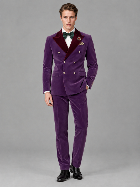 Savile Men's Purple Velvet Double-Breasted 2-Piece Tuxedo Suit with Burgundy Peak Lapel - Purple