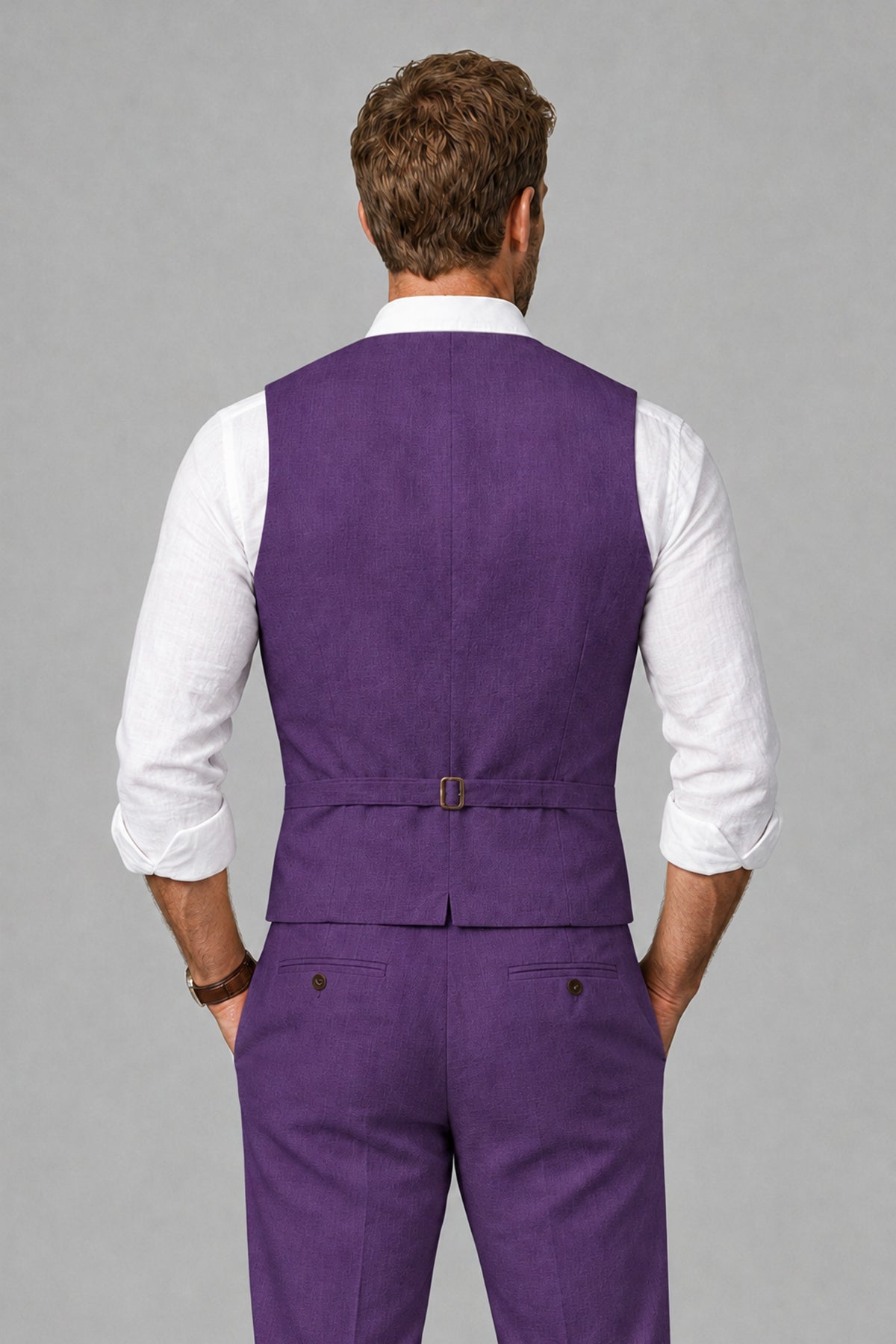 Men's Purple Linen Blend Single-Breasted V-Neck Suit Vest | Savile QX0101 - Purple