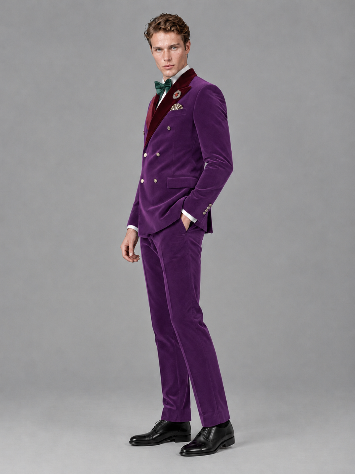 Savile Men's Purple Velvet Double-Breasted 2-Piece Tuxedo Suit with Burgundy Peak Lapel - Purple