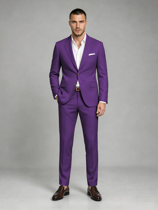 Savile Men's Dark Purple Wool-Blend 2-Piece Suit Set – Two-Button Notch Lapel Slim-Fit Blazer & Turn-Up Trousers - Purple