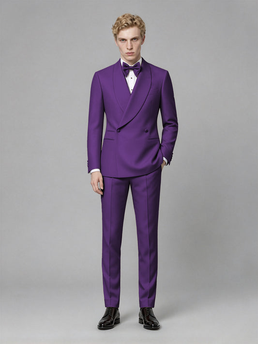 Men's Purple Single-Button Purple Satin Shawl Lapel Tuxedo Suit Set | Blazer & Trousers - Purple