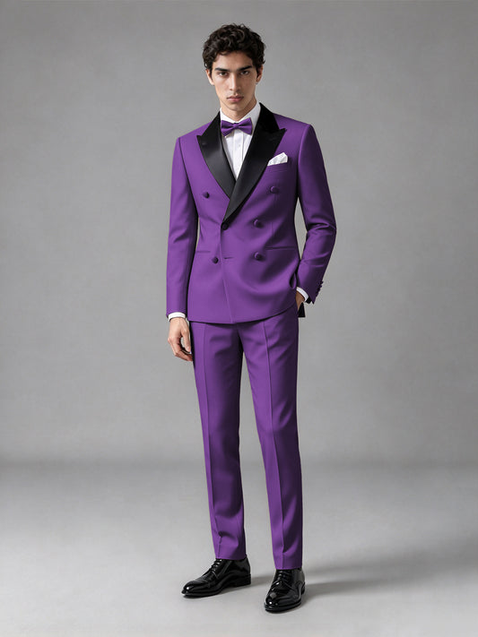 Men's Purple Double-Breasted Satin Peak Lapel Tuxedo Suit Set (Jacket + Trousers) - Purple