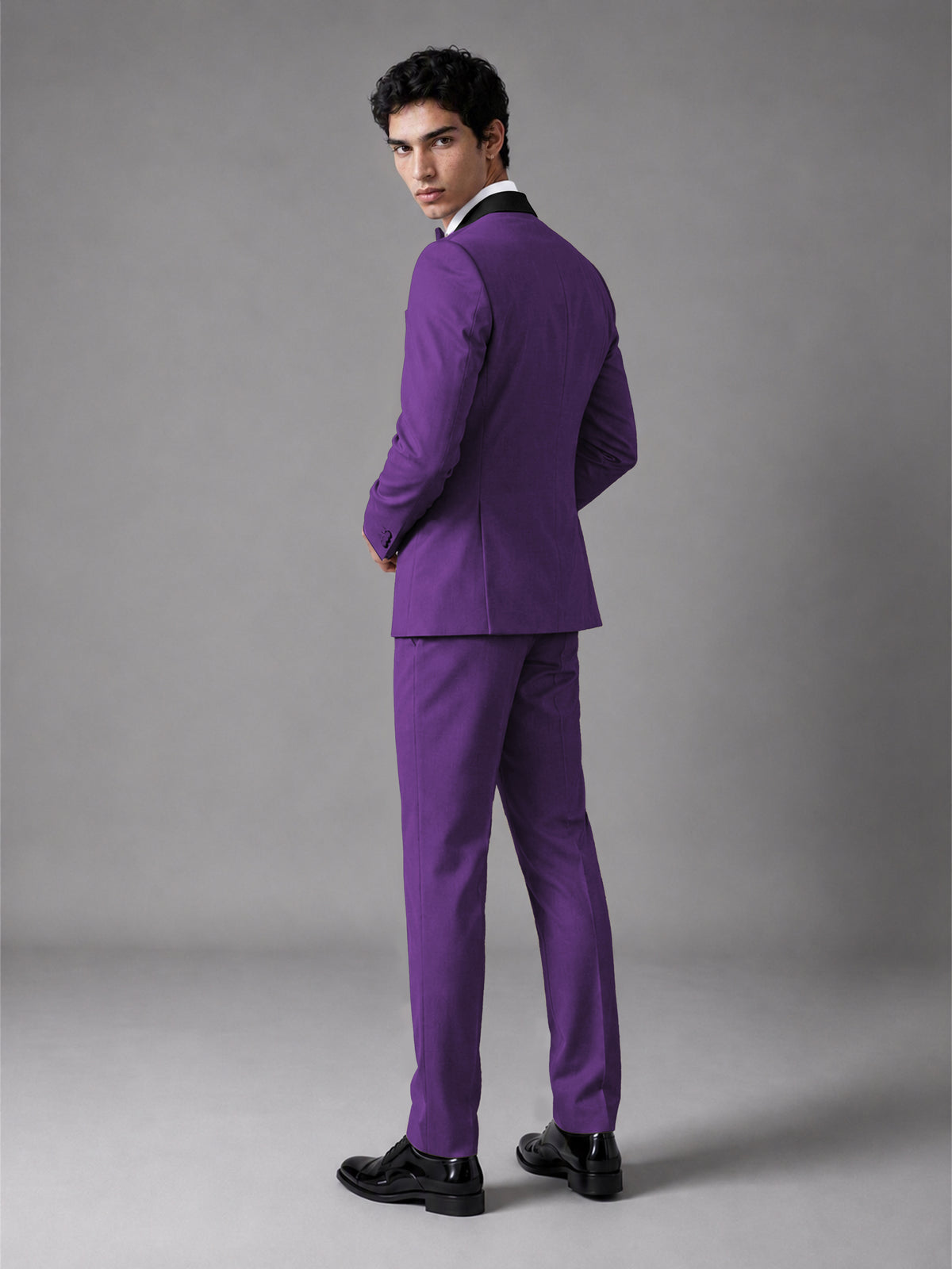 Men's Purple Double-Breasted Satin Peak Lapel Tuxedo Suit Set (Jacket + Trousers) - Purple