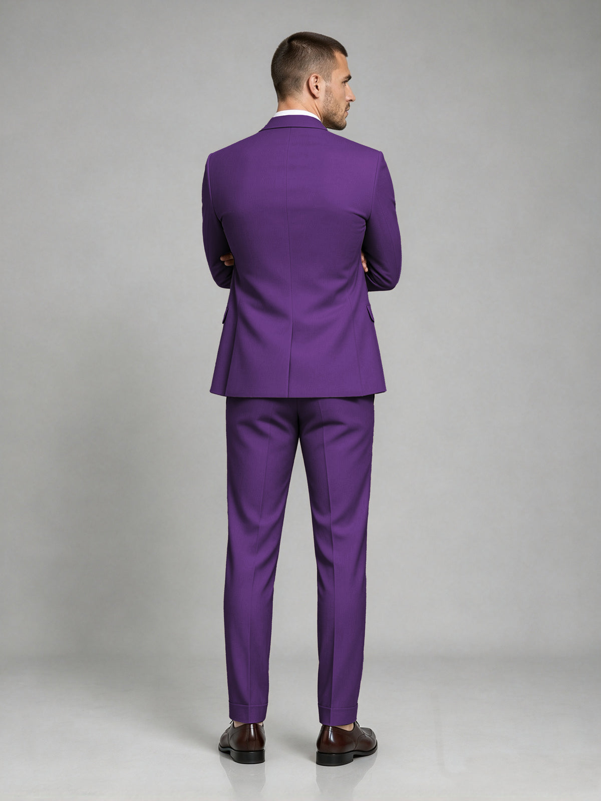 Savile Men's Dark Purple Wool-Blend 2-Piece Suit Set – Two-Button Notch Lapel Slim-Fit Blazer & Turn-Up Trousers - Purple