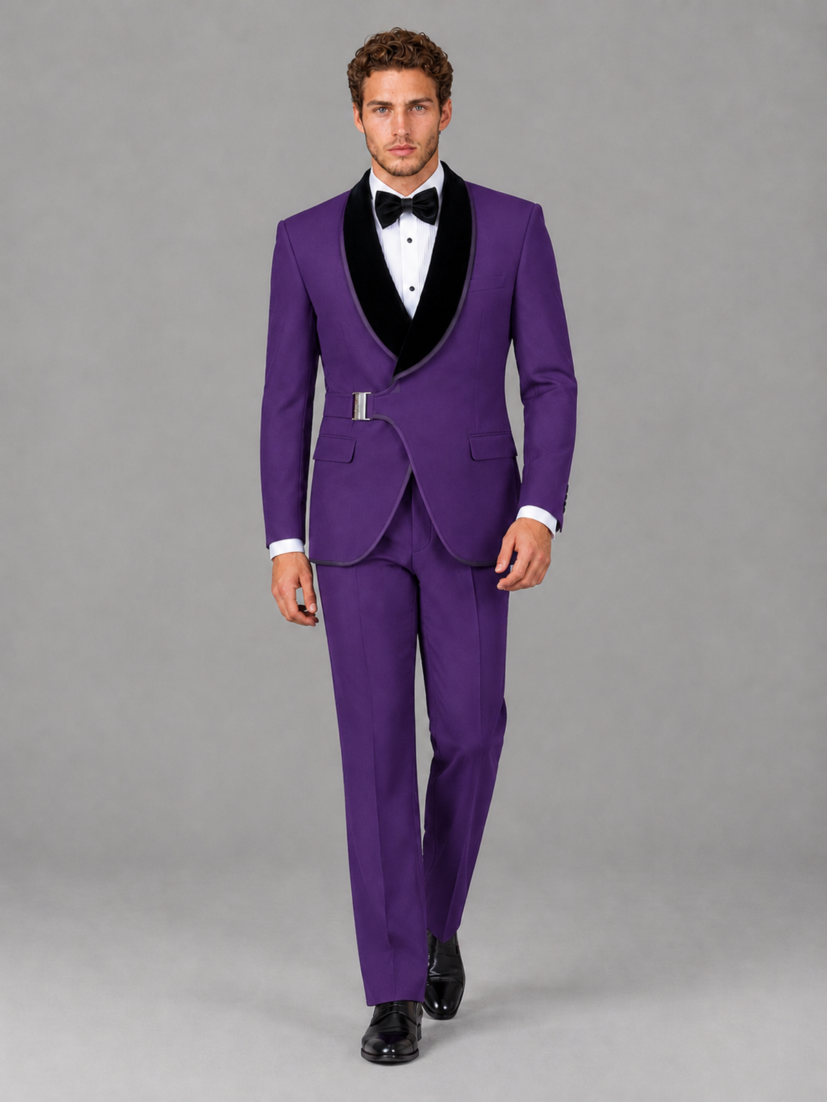 Savile Men's Purple Velvet Shawl Lapel Tuxedo Suit – Modern Side-Buckle Dinner Jacket & Trousers 2-Piece Set - Purple