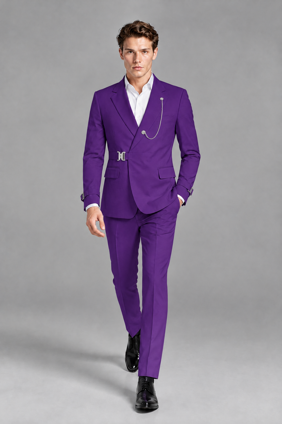 Savile Men's Purple Buckle-Closure 2-Piece Suit Set | Peak Lapel Blazer & Trousers - Purple