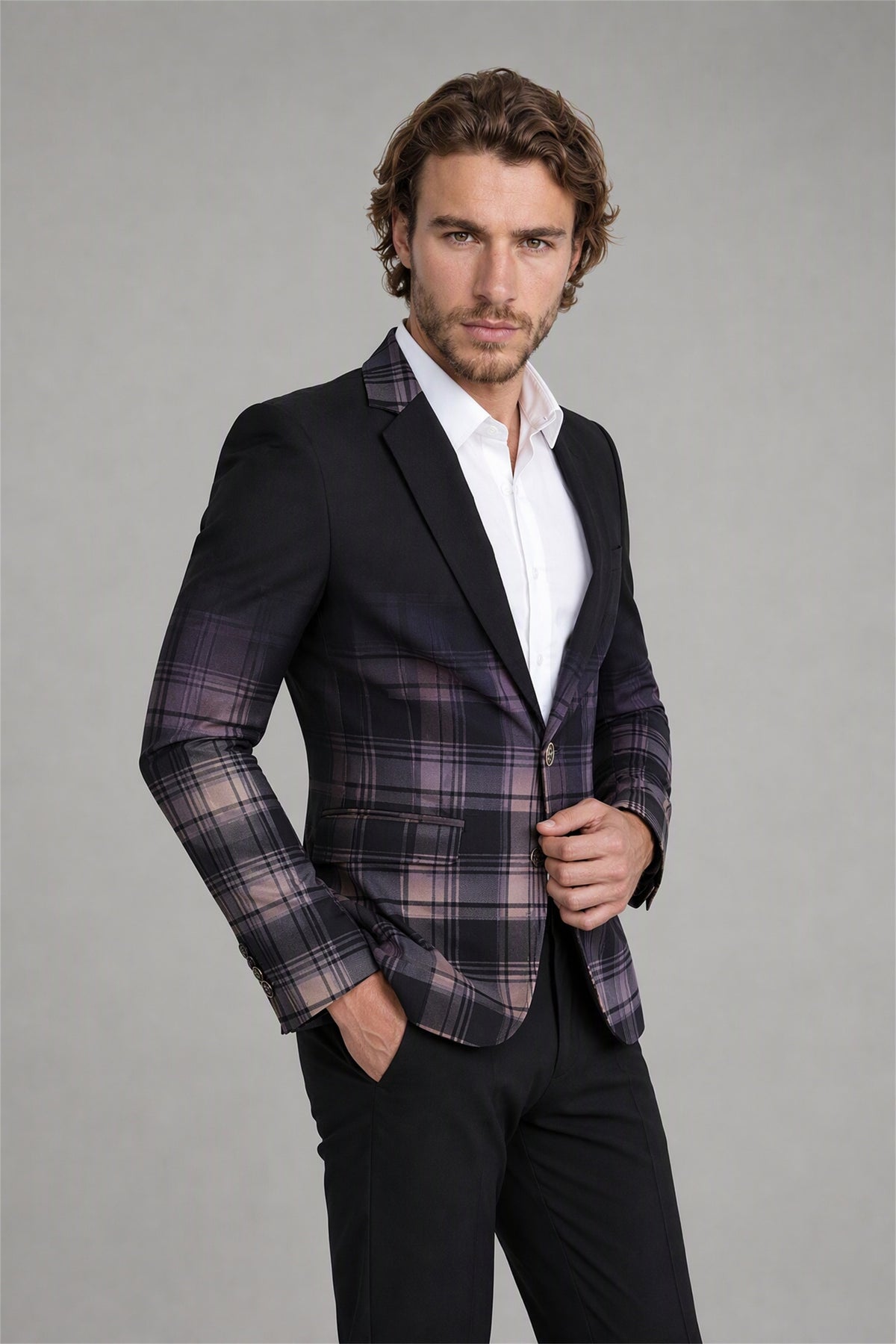Savile Men's Charcoal Purple Plaid Blazer | Slim-Fit Check Jacket with Notch Lapel