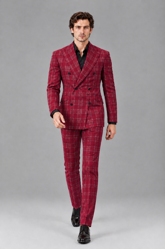 Savile Men's Rust Plaid 2-Piece Double-Breasted Suit – Peak Lapel Slim-Fit Jacket & Trousers Set - Red - Red