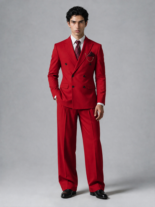 Savile Men's Red Double-Breasted 2-Piece Suit Set – Peak Lapel Blazer & Pleated Wide-Leg Trousers - Red - Red_2
