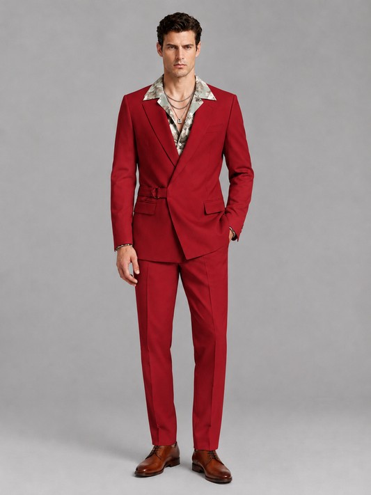 Savile Men's Red Belted Wrap 2-Piece Suit – Peak Lapel Blazer & Tailored Trousers - SUC060 - Red - Red_2