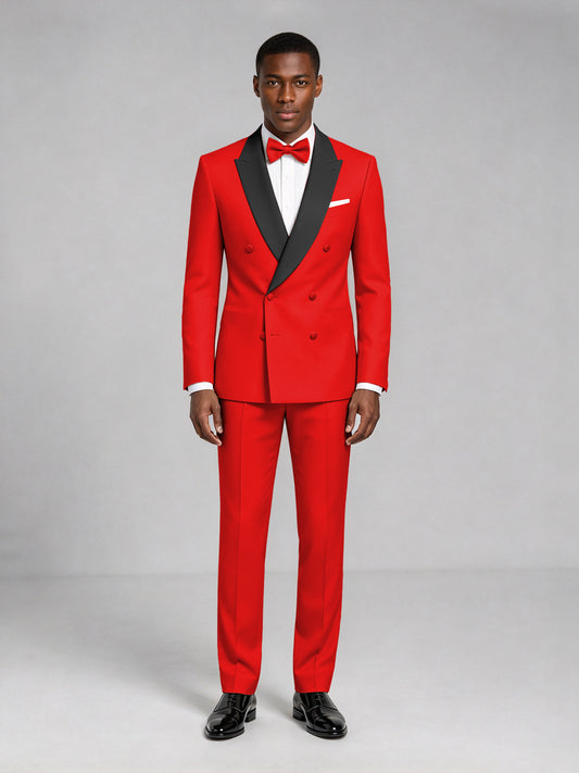 Men's Red Double-Breasted Tuxedo Suit – Satin Shawl Lapel Red-Tie Wedding & Gala 2-Piece Set - Red