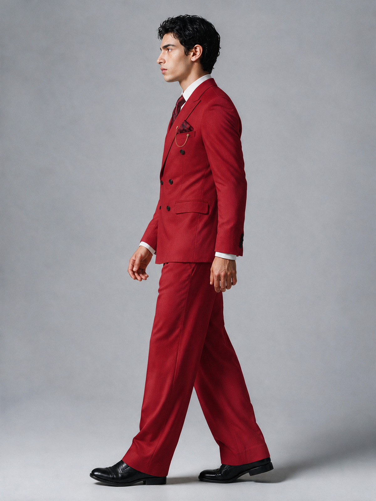 Savile Men's Red Double-Breasted 2-Piece Suit Set – Peak Lapel Blazer & Pleated Wide-Leg Trousers - Red - Red_4