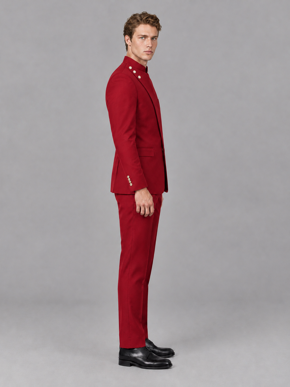 Savile Men's Red Mandarin Collar Asymmetrical 2-Piece Suit Set – Modern Jacket & Trousers - Red - Red_5