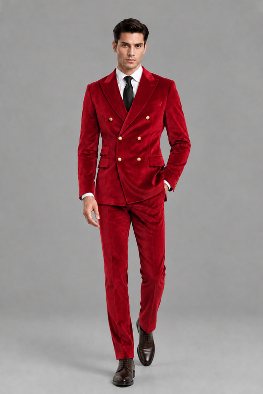 Savile Men's Red Velvet Double-Breasted 2-Piece Suit Set | Peak Lapel Blazer & Trousers - Red