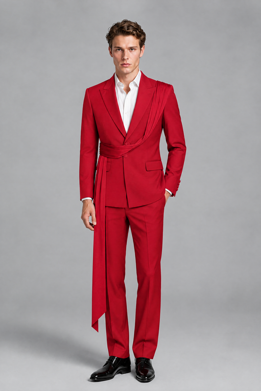 Men's Red Draped Sash Suit – Peak Lapel 2-Piece Slim Fit Party, Gala & Wedding Set - Red
