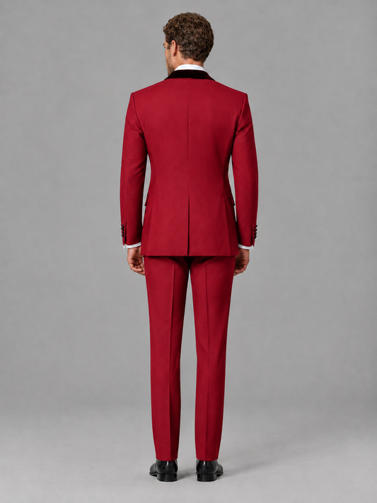 Savile Men's Red Velvet Shawl Lapel Tuxedo Suit – Modern Side-Buckle Dinner Jacket & Trousers 2-Piece Set - Red