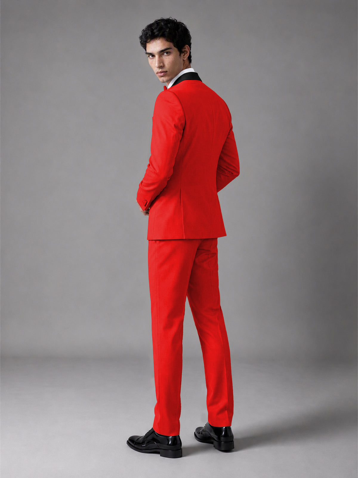 Men's Red Double-Breasted Satin Peak Lapel Tuxedo Suit Set (Jacket + Trousers) - Red