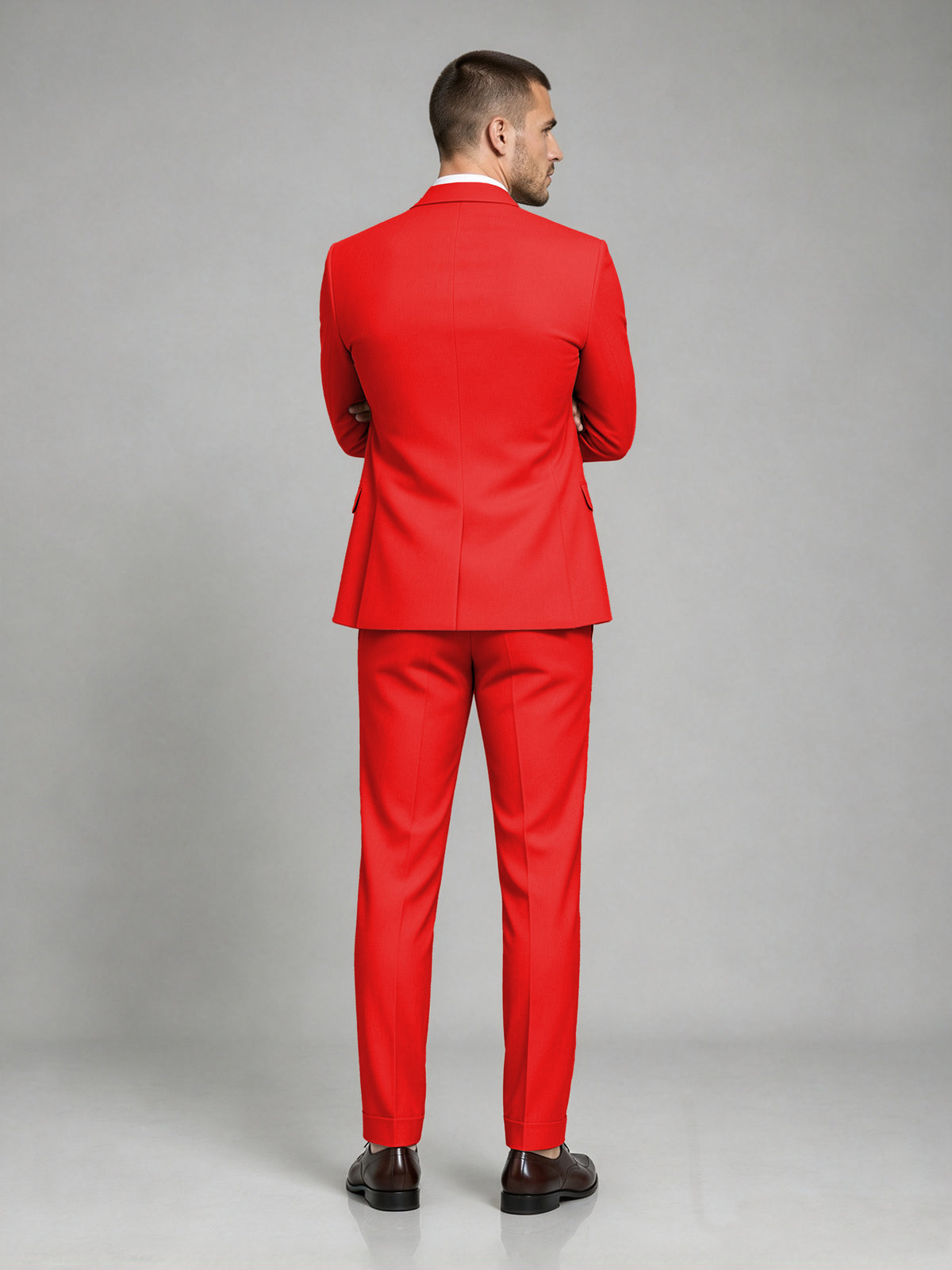 Savile Men's Dark Red Wool-Blend 2-Piece Suit Set – Two-Button Notch Lapel Slim-Fit Blazer & Turn-Up Trousers - Red