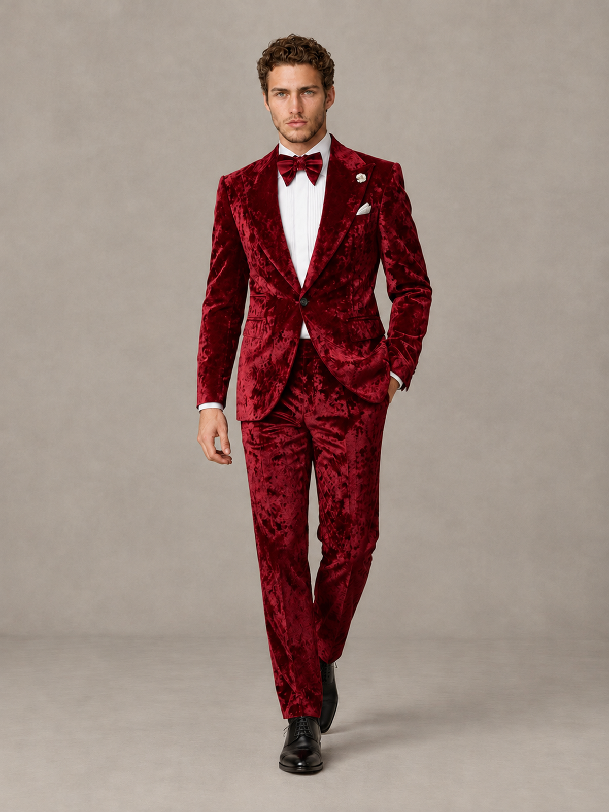 Savile Men's Red Crushed Velvet Peak Lapel 2-Piece Suit Set | Jacket & Trousers - Red - Red (4)