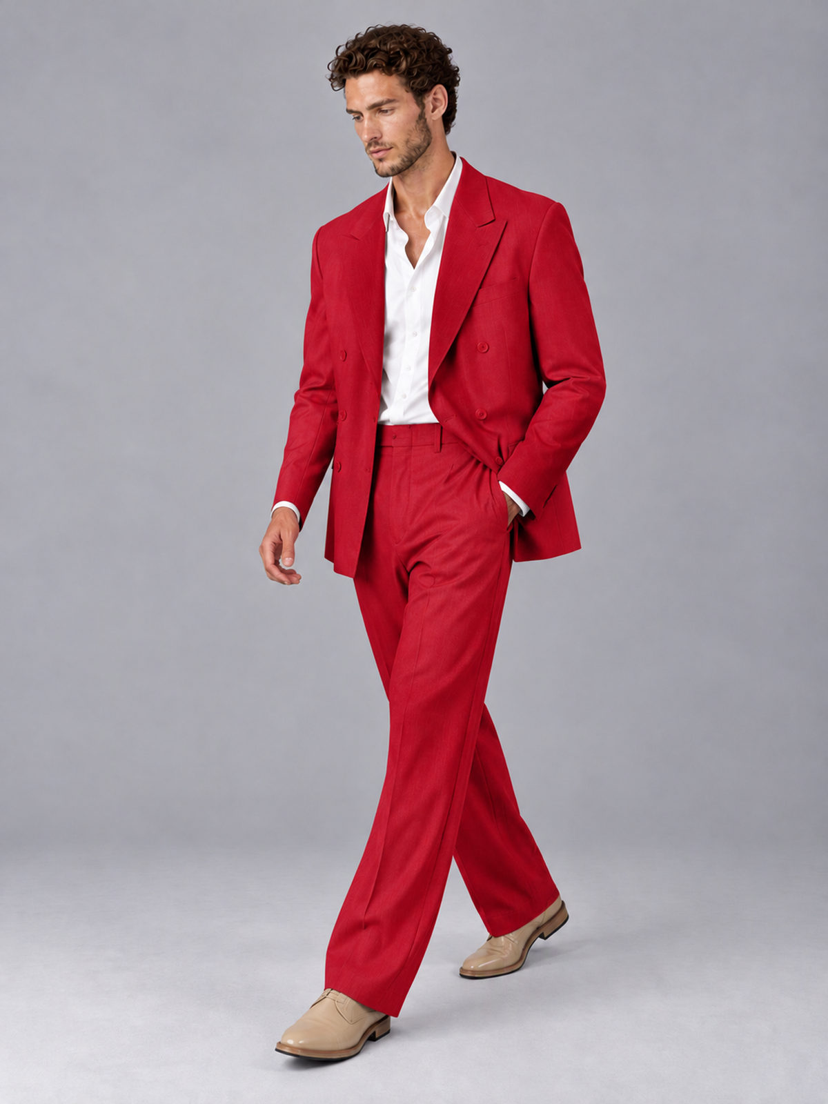 Savile Red Beige Double-Breasted 2-Piece Suit with Peak Lapel - Red