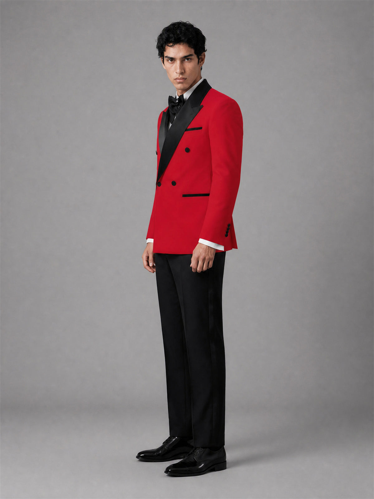 Men's Red Double-Breasted Black Satin Peak Lapel Tuxedo Suit Set | Blazer & Trousers