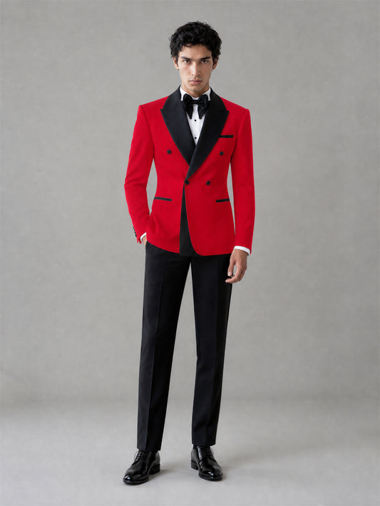Men's Red Double-Breasted Black Satin Peak Lapel Tuxedo Suit Set | Blazer & Trousers