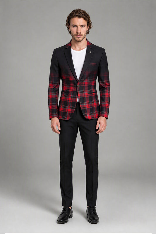 Savile Men's Red & Black Plaid Blazer | Slim-Fit Tartan Check Jacket with Notch Lapel