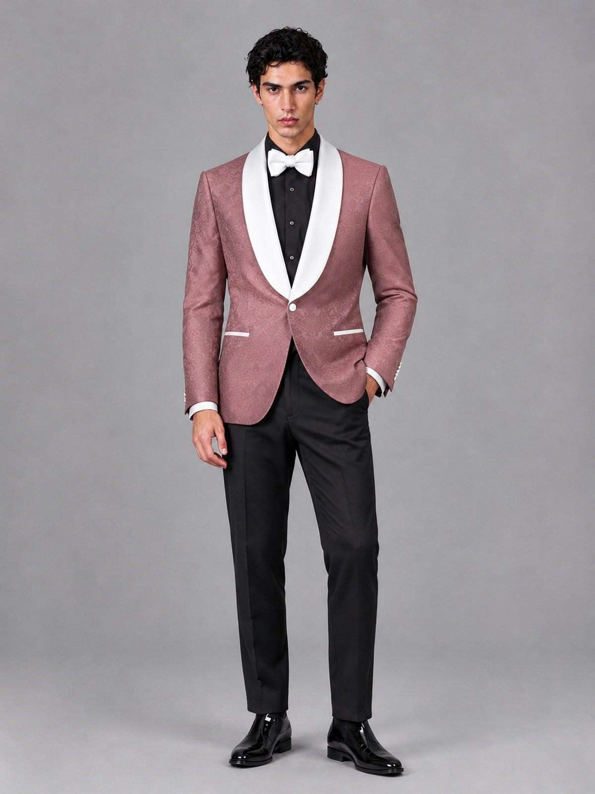 Savile Men's Rose Gold Jacquard White Shawl Lapel 2-Piece Tuxedo Suit Set | Jacket & Trousers - Rose Gold - Rose Gold (4)