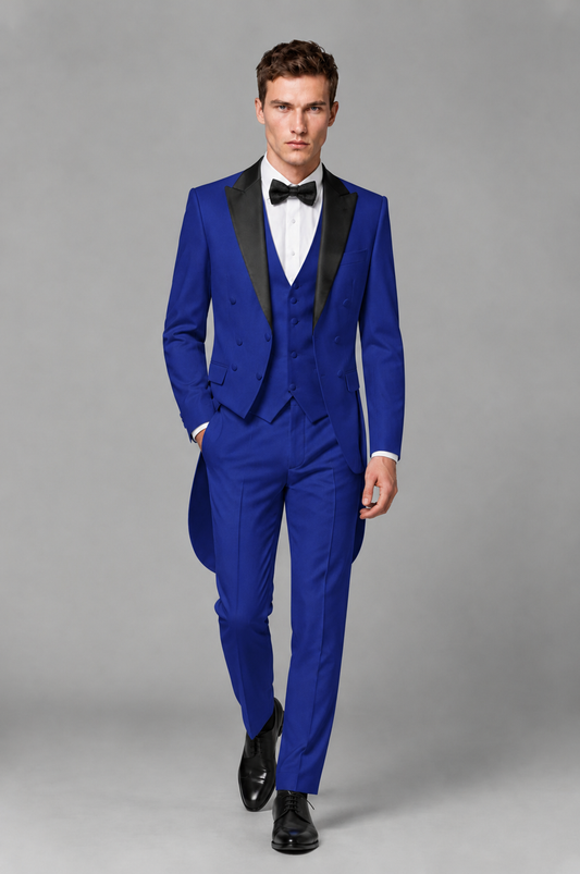Savile Royal Blue 3-Piece Tailcoat Tuxedo Suit with Black Peak Lapel - Royal Blue - Royal Blue_02