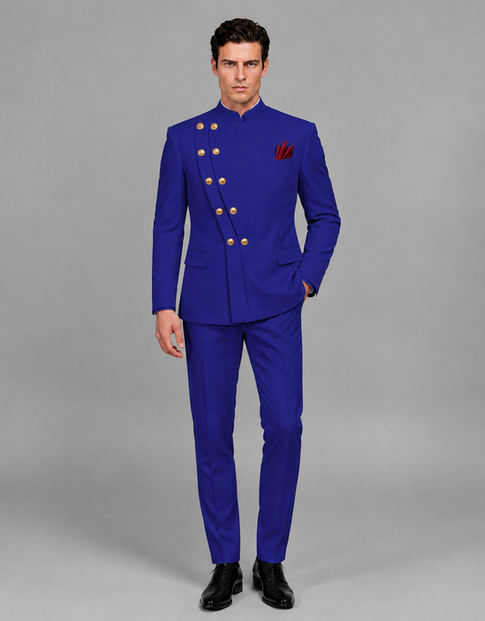 BOLODOO Men's Royal Blue Asymmetrical Mandarin Collar Tuxedo Suit – Modern 2-Piece Gold Button Wedding, Prom & Gala Set - Royal Blue - Royal Blue_02