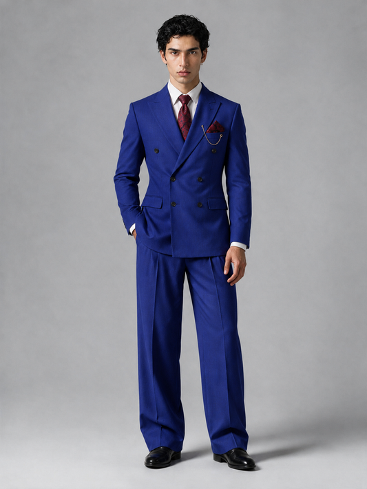 Savile Men's Royal Blue Double-Breasted 2-Piece Suit Set – Peak Lapel Blazer & Pleated Wide-Leg Trousers - Royal Blue - Royal Blue_2