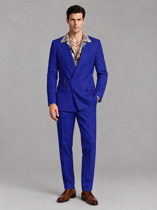 Savile Men's Royal Blue Belted Wrap 2-Piece Suit – Peak Lapel Blazer & Tailored Trousers - SUC060 - Royal Blue - Royal Blue_2