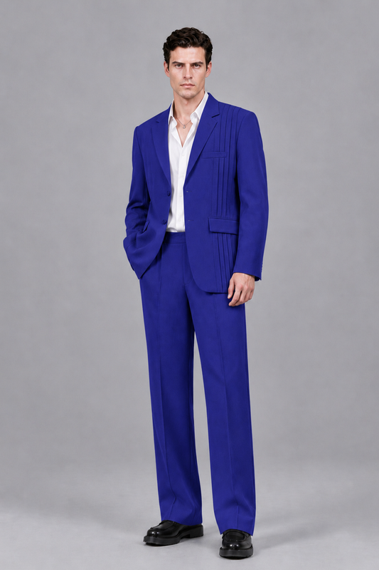 Savile Men's Royal Blue Pleated 2-Piece Suit Set | Notch Lapel Blazer & Tailored Trousers - Royal Blue - Royal Blue_2