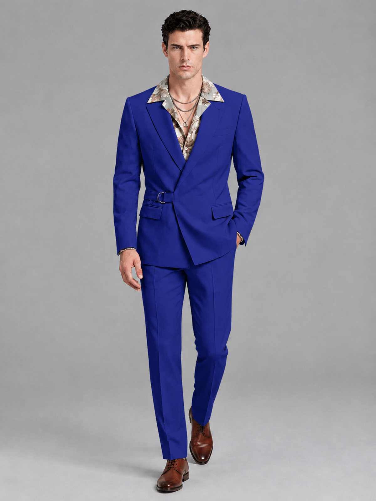 Savile Men's Royal Blue Belted Wrap 2-Piece Suit – Peak Lapel Blazer & Tailored Trousers - SUC060 - Royal Blue - Royal Blue_4