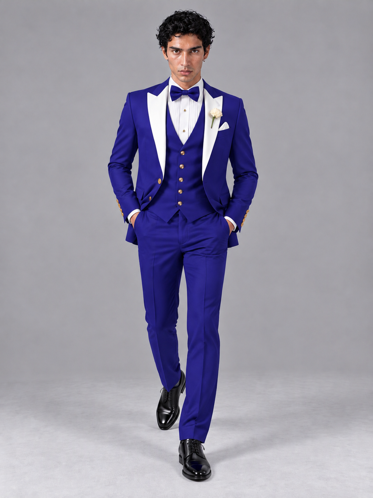 Savile Men's Royal Blue Contrast White Peak Lapel 3-Piece Tuxedo Suit - Royal_Blue