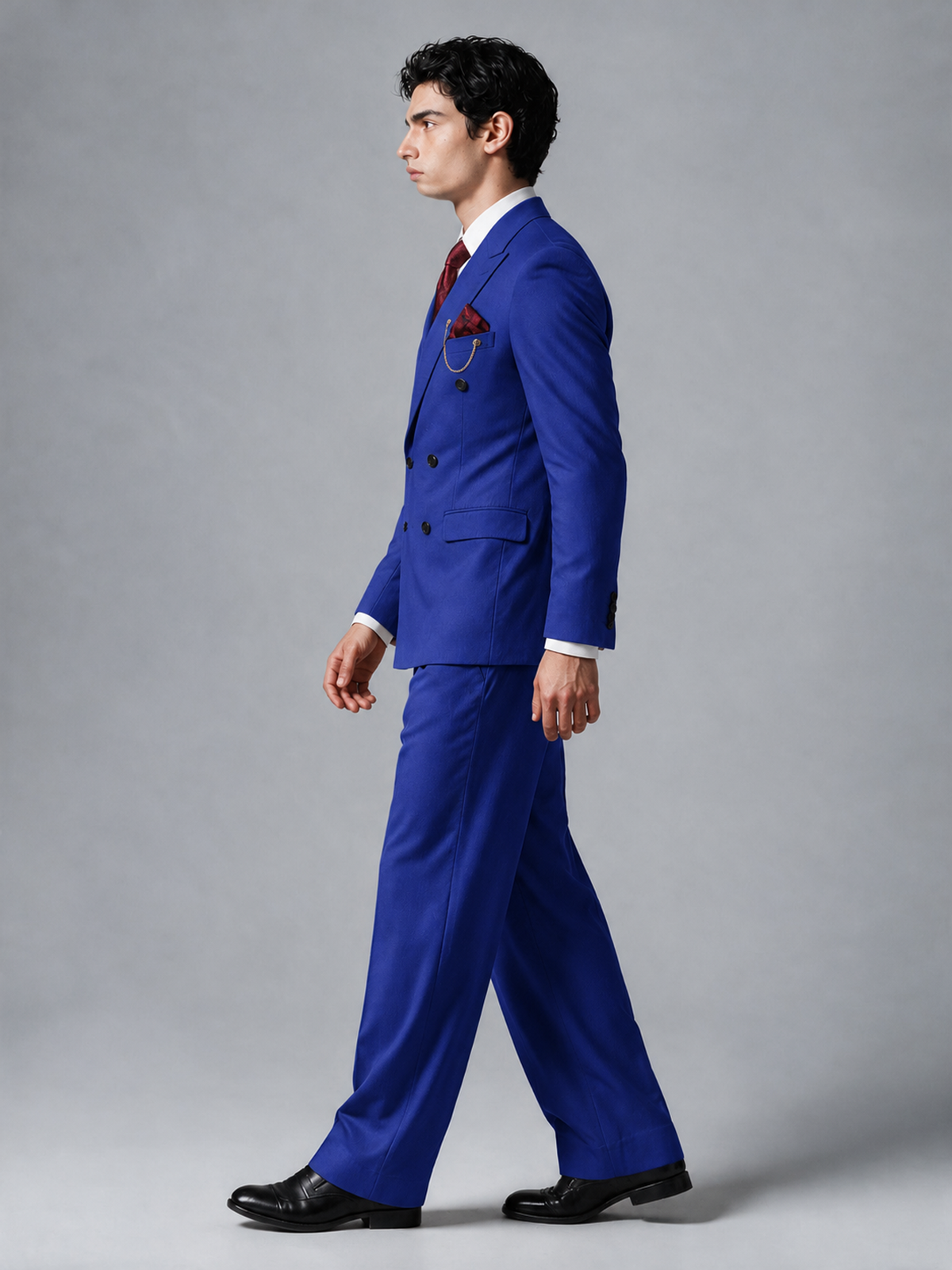Savile Men's Royal Blue Double-Breasted 2-Piece Suit Set – Peak Lapel Blazer & Pleated Wide-Leg Trousers - Royal Blue - Royal Blue_4