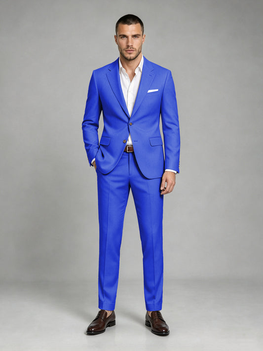 Savile Men's Dark Royal Blue Wool-Blend 2-Piece Suit Set – Two-Button Notch Lapel Slim-Fit Blazer & Turn-Up Trousers - Royal Blue