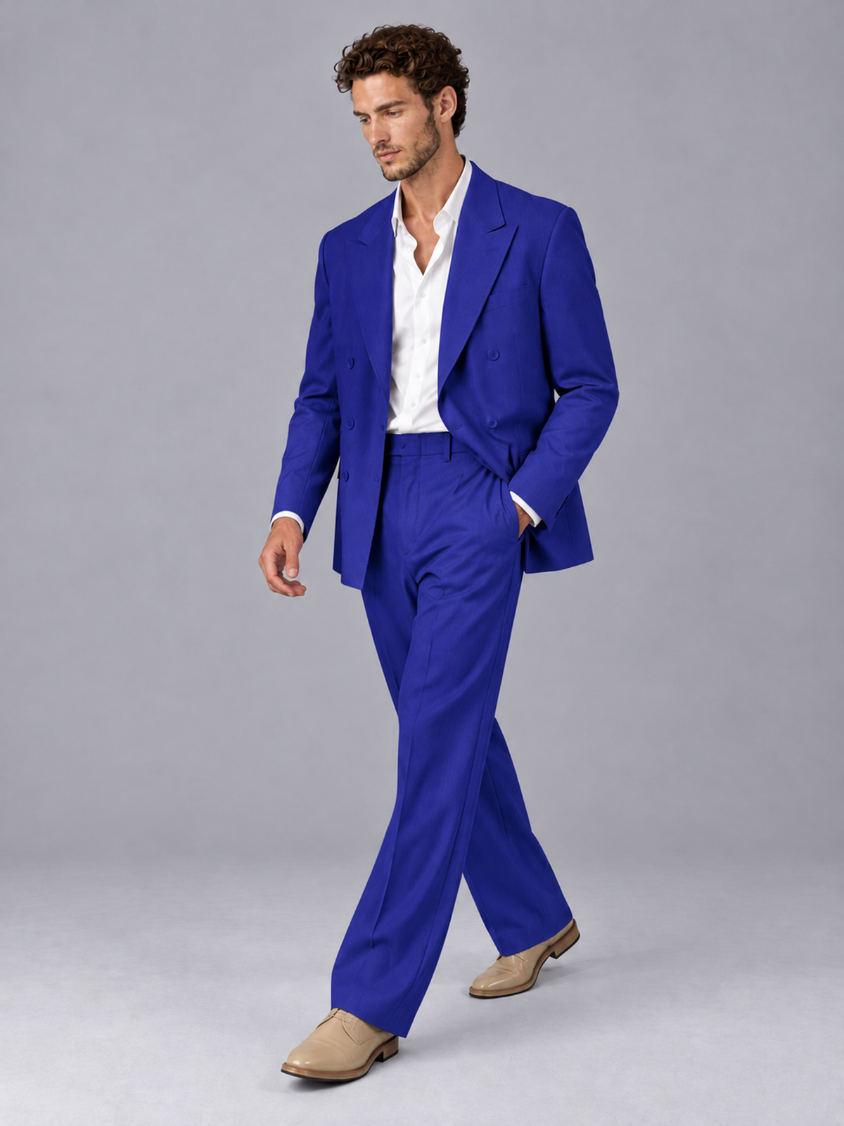 Savile Royal Blue Beige Double-Breasted 2-Piece Suit with Peak Lapel - Royal Blue