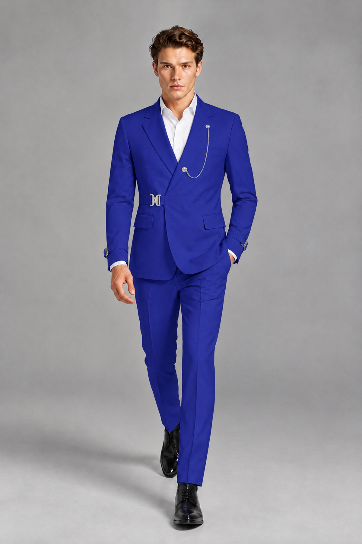 Savile Men's Royal Blue Buckle-Closure 2-Piece Suit Set | Peak Lapel Blazer & Trousers - Royal Blue