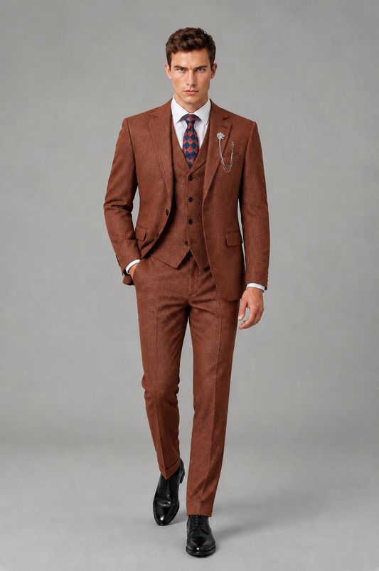Savile Men's Grey Notch Lapel 3-Piece Suit Set | Jacket, Vest & Trousers - Rust - Rust
