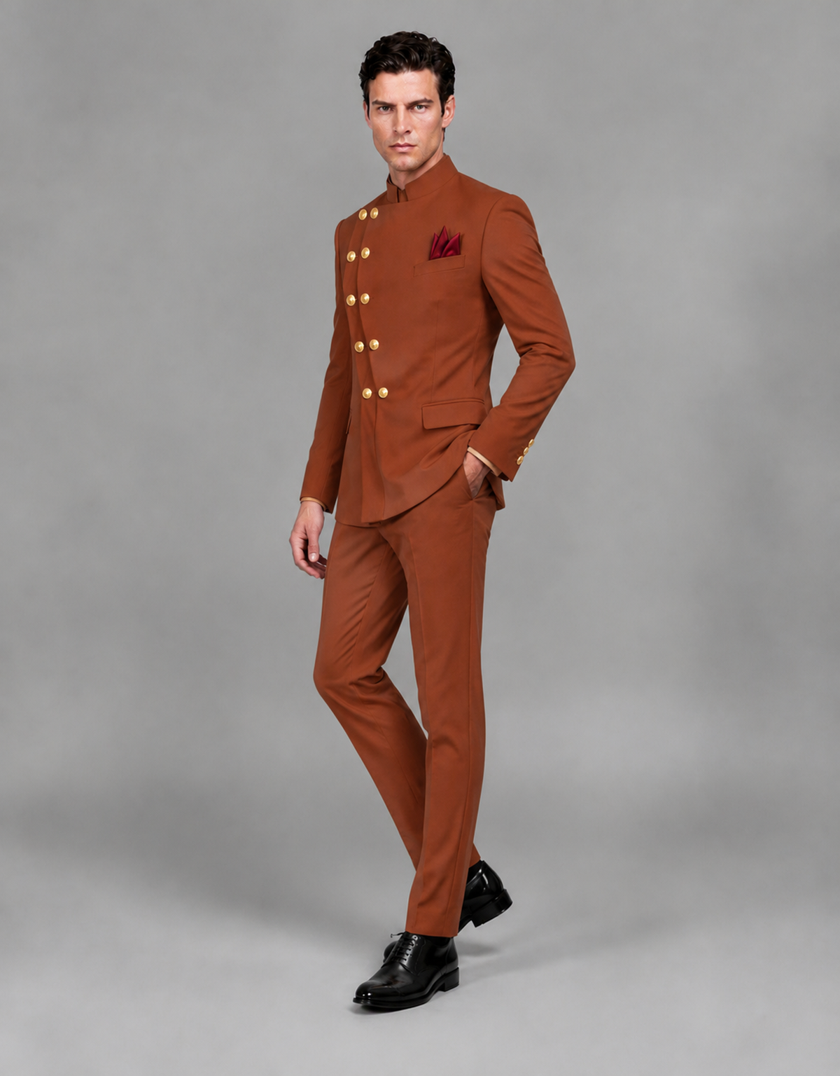 BOLODOO Men's Rust Asymmetrical Mandarin Collar Tuxedo Suit – Modern 2-Piece Gold Button Wedding, Prom & Gala Set - Rust - Rust_04