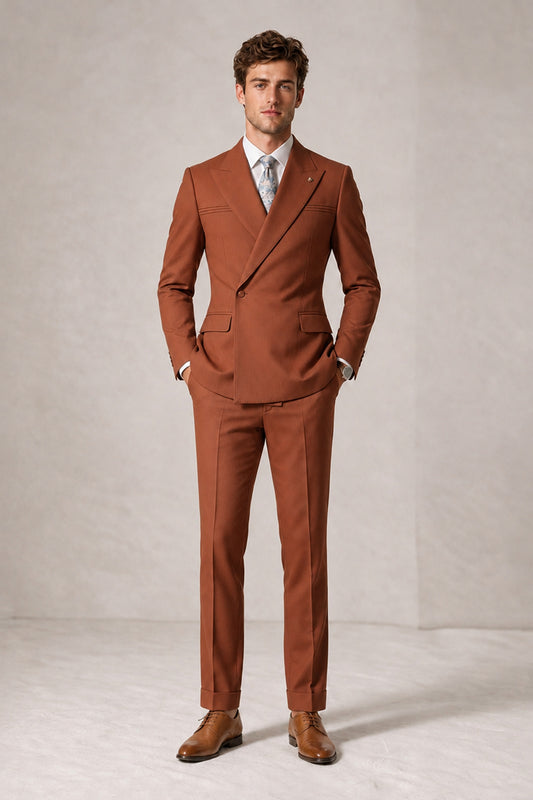 Savile Men's Rust Double-Breasted Slim Fit 2-Piece Suit Set – Peak Lapel Blazer & Cuffed Trousers | Wedding Prom Formal - Rust