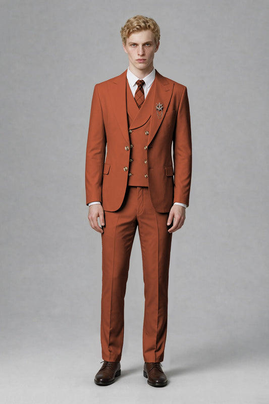 Savile Men's Rust Three-Piece Wedding Suit with Double-Breasted Waistcoat - Rust