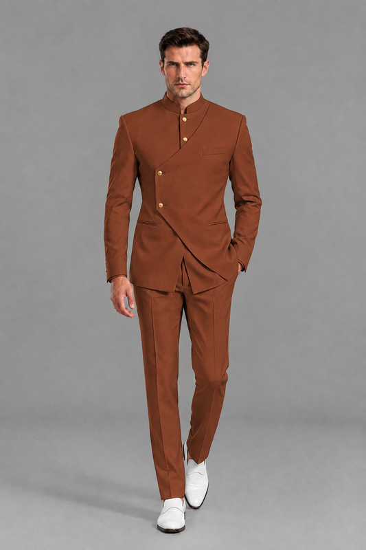 Savile Men's Rust Asymmetrical Mandarin Collar Tuxedo Suit – Modern 2-Piece Gold Button Wedding, Prom & Gala Set - Rust - Rust_2
