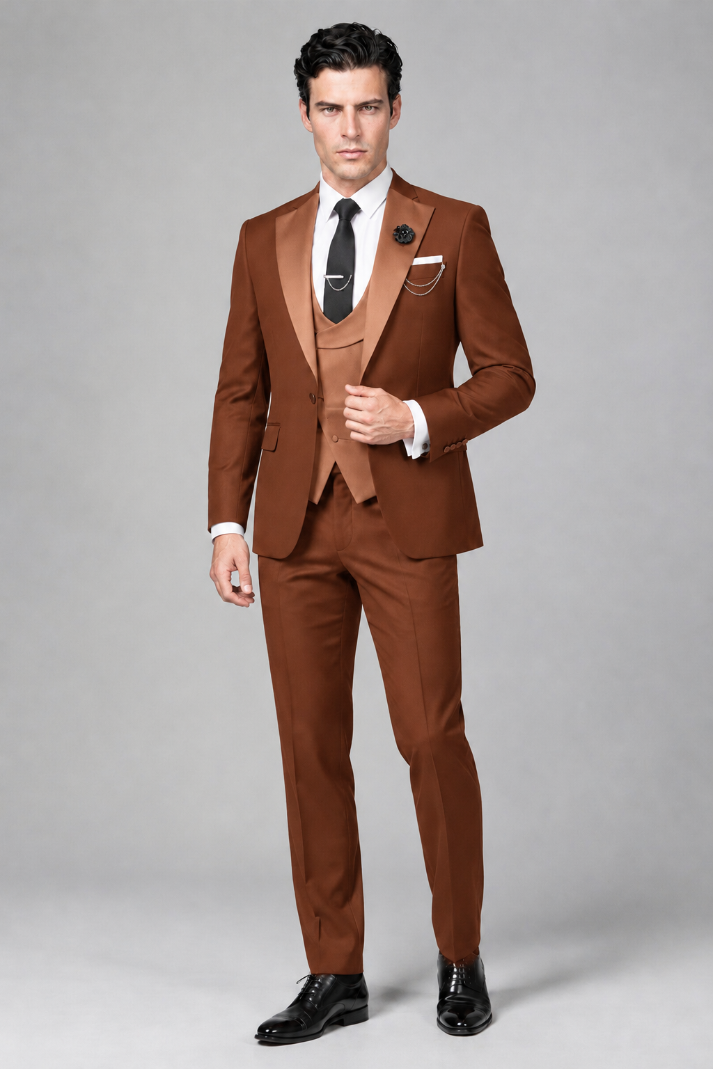 Savile Men's Rust 3-Piece Tuxedo Suit – Contrast Silver Peak Lapel & Grey Vest Formal Set - Rust - Rust_4