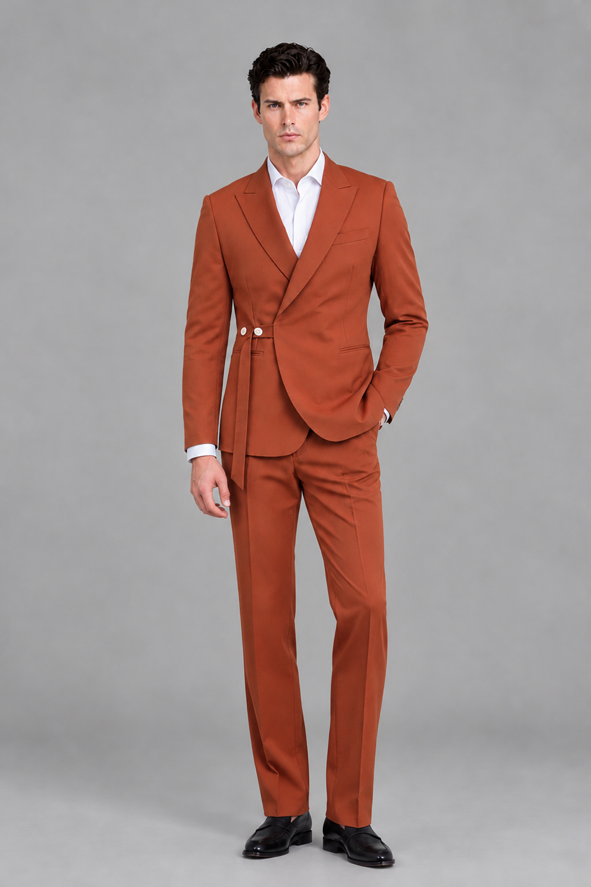Savile Men's Modern Rust 2-Piece Wrap Suit Set – Peak Lapel Side-Button Blazer & Tailored Trousers - Rust - Rust_5